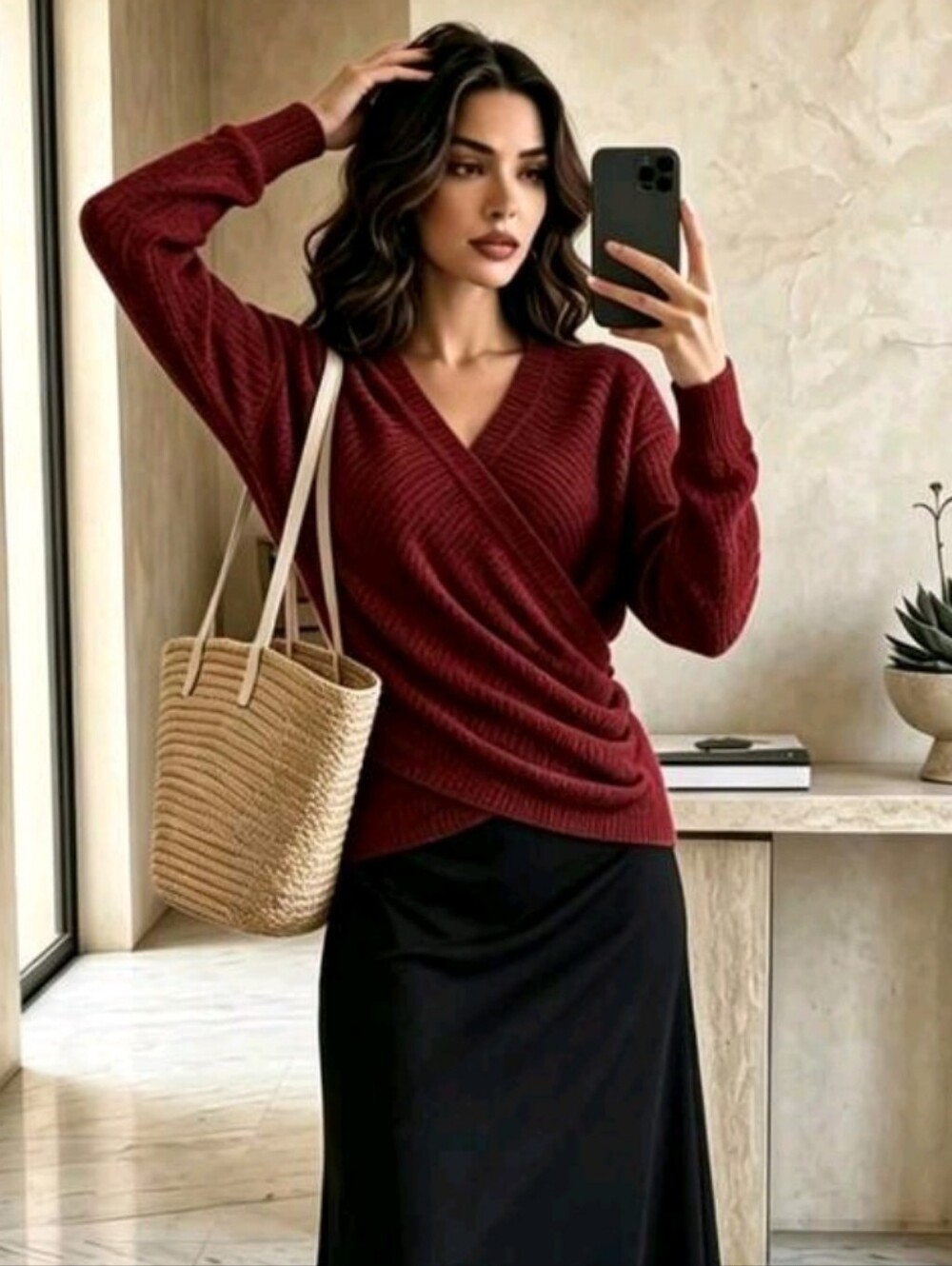 BRAND NEW ** Wrap-Style V-Neck Sweater in Deep Burgundy